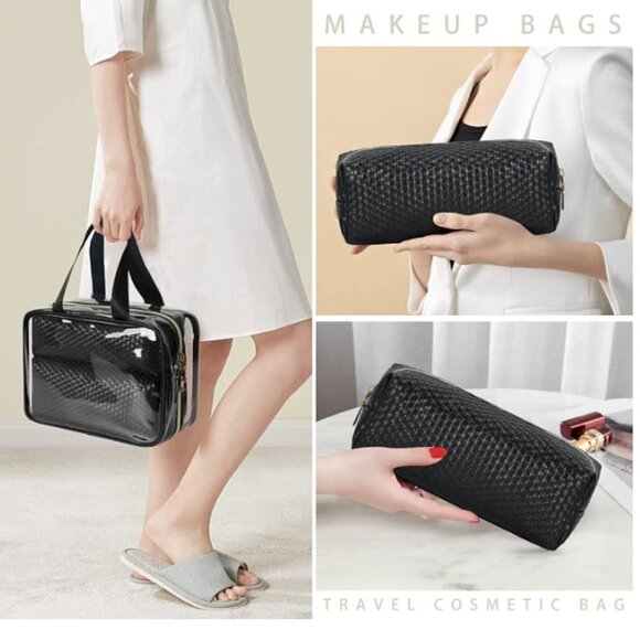 3 Pcs 1 Clear Waterproof Cosmetic Bag, 2 Travel Makeup Bags Leather Weave Makeup - Picture 1 of 5